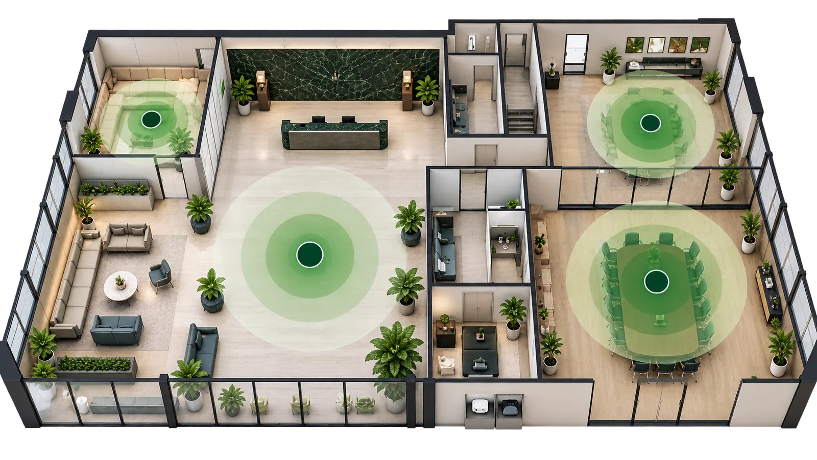 Commercial interior illustrating scent machine coverage and placement